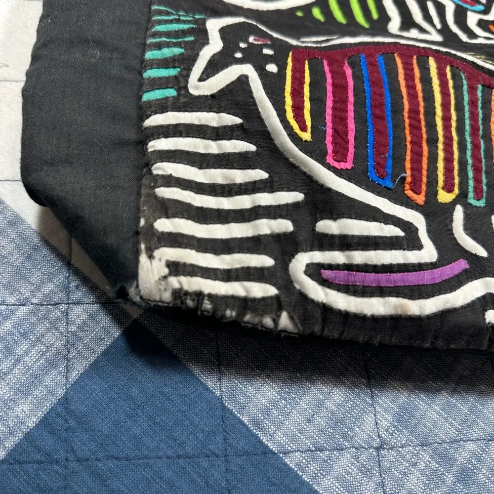 Vintage Mola Applique Tote Bag Handcrafted Folk Art Animal Bird Black Cotton